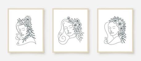 conjunto de retratos de mulher com moldura floral vetor