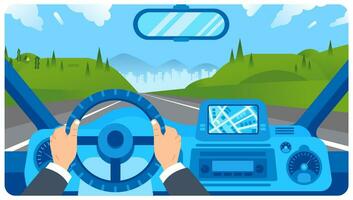 plano ilustração do carro painel de controle com motorista mão em direção roda vetor