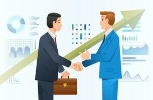o negócio cooperação entre dois companhia ilustrar com dois homem de negocios tremendo mão e informação gráfico Como fundo vetor