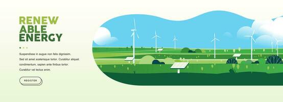 verde colinas natureza panorama eco amigáveis tecnologia, sustentável ambiente, renovável alternativo energia, vento turbina bandeira vetor