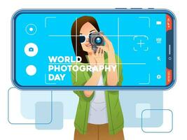 jovem preety menina pose com Câmera e fotografado usando uma Smartphone vetor ilustração