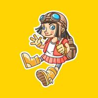 fofa pequeno menina explorador vestindo óculos, luva, bota, mochila onda personagem mascote desenho animado ilustração vetor