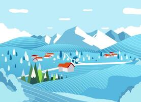 rural panorama dentro inverno com montanha dentro a fundo plano vetor ilustração