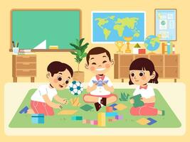 Jardim da infância Garoto e menina jogando Aprendendo para faço origami dentro a Sala de aula vetor