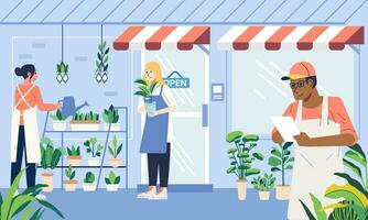 Atividades do lojistas dentro uma plantar comprar, levando ordens, rega plantas, comovente em vaso plantas vetor ilustração
