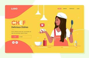 jovem menina ilustração Como chefe de cozinha em local na rede Internet bandeira modelo, cozinhando classe local na rede Internet modelo ilustração vetor