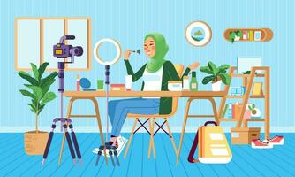fêmea muçulmano hijab beleza blogueiro fazer Reveja para cosméticos e gravação vídeo para dela blog. jovem mulher falando sobre faço acima em vlog canal dentro quarto vetor