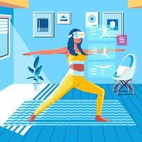 virtual realidade tecnologia exercite-se e ginástica conceito vetor ilustração mulher dentro vr fone de ouvido Faz exercício às vivo quarto