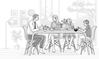 moderno família pai, mãe, filho e filha tendo café da manhã às mesa às lar, linha estilo, Preto e branco cor vetor