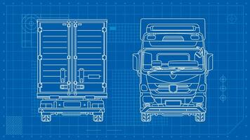 Entrega caminhão dentro esboço estilo esquemático plantas veículo frente costas Visão industrial imagem em uma azul fundo vetor ilustração