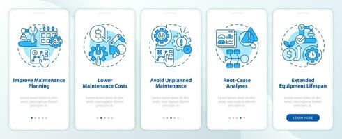 2d ícones representando preditivo manutenção Móvel aplicativo tela definir. passo a passo 5 passos azul gráfico instruções com simples fino linear ícones conceito, interface do usuário, ux, gui modelo. vetor