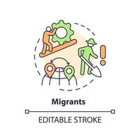 migrantes multi cor conceito ícone. colheita cortar. agrícola trabalhador. pobre trabalhando condições. manual trabalho. Difícil trabalhar. volta forma linha ilustração. abstrato ideia. gráfico Projeto. fácil para usar vetor