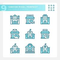 conjunto do pixel perfeito azul ícones conjunto representando vários edifícios, editável fino linha ilustração. vetor
