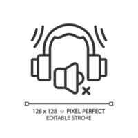 2d pixel perfeito editável protetores de ouvido Preto ícone, isolado vetor, isolamento acústico fino linha ilustração. vetor