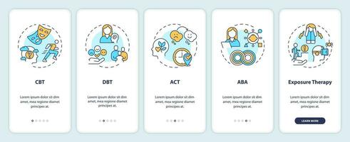 2d ícones representando comportamental terapia Móvel aplicativo tela definir. passo a passo 5 passos multicolorido gráfico instruções com linear ícones conceito, interface do usuário, ux, gui modelo. vetor