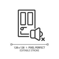 2d pixel perfeito editável à prova de som porta Preto ícone, isolado vetor, isolamento acústico fino linha ilustração. vetor