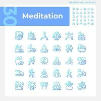 pixel perfeito gradiente ícones conjunto representando meditação, azul fino linha bem estar ilustração. vetor