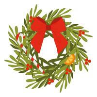 Natal guirlanda plano estilo vetor ilustração isolado em branco fundo. decorativo desenho animado Projeto elemento, feriado decoração com fita arco, doce bengala e abeto galhos.