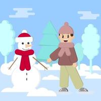 menino e boneco de neve na floresta de inverno, ilustração para foto de natal vetor