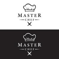 cozinha logotipo Projeto com criativo chef chapéu e cozinhando utensílios. logotipo para restaurante, chefe de cozinha, negócios. vetor