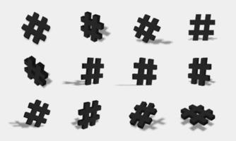Ilustração preta do ícone de hashtag 3D com diferentes pontos de vista e ângulos vetor