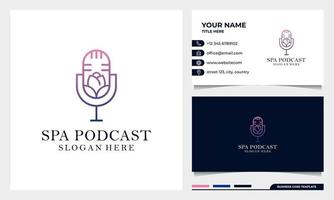 design de logotipo de microfone de podcast de flores com modelo de cartão de visita vetor