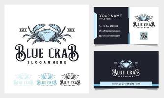 mão desenhada caranguejo azul ilustração vintage logotipo com cartão de visita vetor
