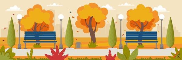 paisagem de outono com bancos no parque e árvores amareladas vetor