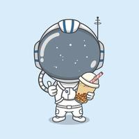 astronauta fofo segurando chá de bolhas vetor