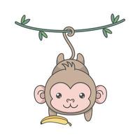 macaco bonito dos desenhos animados pendurado com cauda vetor