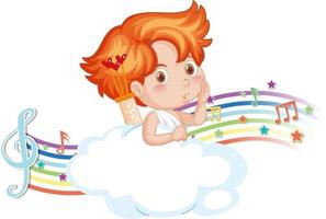 personagem de menino cupido na nuvem com símbolos de melodia no arco-íris vetor