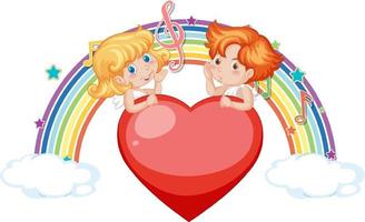 casal de personagens de anjo cupido com símbolos de melodia no arco-íris vetor