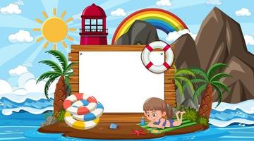 crianças de férias na cena da praia com um modelo de banner vazio vetor