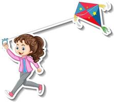 adesivo de uma garota brincando de pipa personagem de desenho animado vetor
