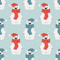 padrão perfeito, urso polar bonito dos desenhos animados em um cachecol e chapéu em um fundo de flocos de neve. impressão, têxtil, vetor