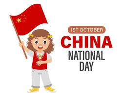 China independência dia. fofa pequeno menina com chinês bandeira. Ásia, Outubro. desenho animado ilustração, bandeira, poster, vetor