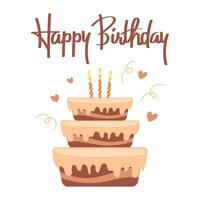 feliz aniversário cartão com bolo, velas e caligráfico rotulação. feriado ilustração dentro plano estilo. vetor