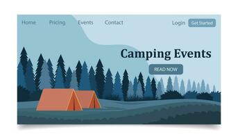 acampamento eventos. turista barraca contra a pano de fundo do uma floresta panorama. bandeira, modelo, aterrissagem página. ilustração, vetor