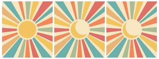 conjunto do vintage solar tapeçaria dentro boho estilo. retro arco Iris nascer do sol com lua. mínimo geométrico abstrato arte. hippie boêmio decoração. vetor fundo