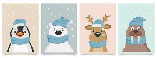 conjunto do quatro fofa pequeno kawaii desenho animado ártico animais vestindo lenços e chapéus dentro a neve. polar urso, fulvo, morsa, pinguim. cartazes ou cartão postal projetos. vetor