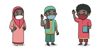 personagem de crianças muçulmanas africanas usando máscara facial vetor