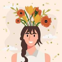 plano Projeto vetor ilustração conceito do mulher com flores dentro dela cabeça.