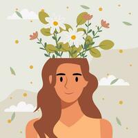 plano Projeto vetor ilustração conceito do mulher com flores dentro dela cabeça.