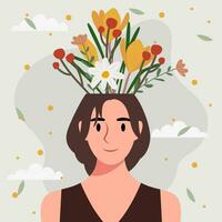 plano Projeto vetor ilustração conceito do mulher com flores dentro dela cabeça.