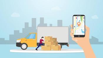 sistema de rastreamento de entrega de carga online com caminhão e GPS vetor