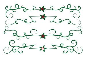 Natal floresce redemoinhos divisores linhas decorativo elementos, vintage caligrafia rolagem alegre Natal texto divisor filigrana elegante, inverno azevinho cabeçalhos chique separador verde página decoração vetor