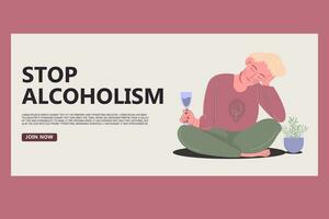 Pare alcoolismo conceito bandeira. triste homem senta e bebidas vetor