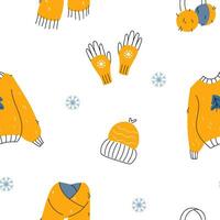 inverno desatado padronizar com caloroso roupas e flocos de neve. rabisco mão desenhado estilo tricotado suéter, lenço, chapéu e luvas. vetor