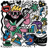 rabisco, desenho animado personagem jogando guitarra com vários criaturas, vetor