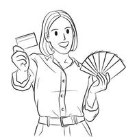 Omã segurando cartão sorridente rindo posando personagem desenho animado linha arte ilustração vetor